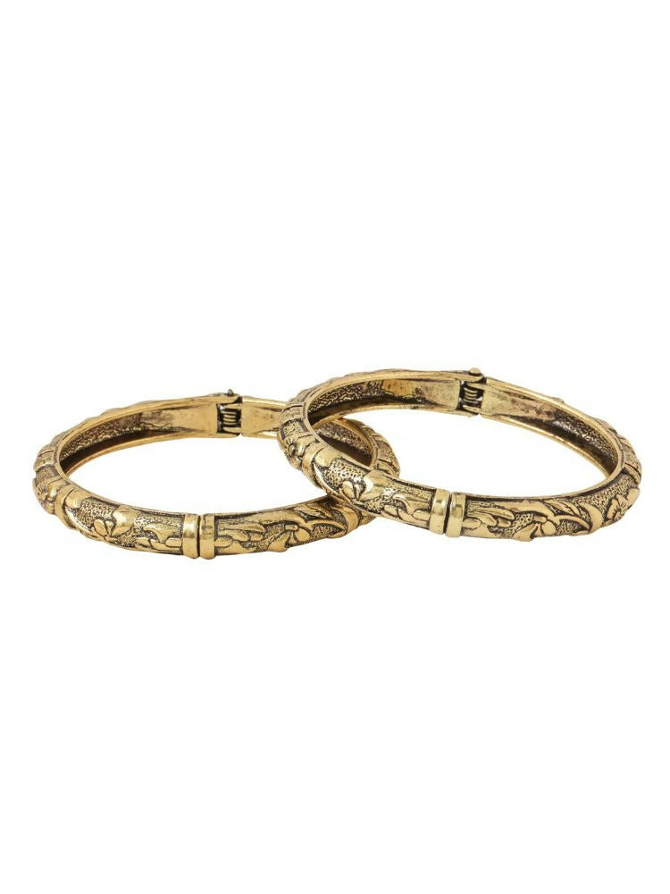 NVR Women Set of 2 Gold-Polished Floral Design Oxidised Bangles