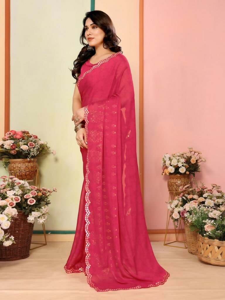 Aafreen Partywear Designer Pink White Rangoli Fancy Saree | Grocsy