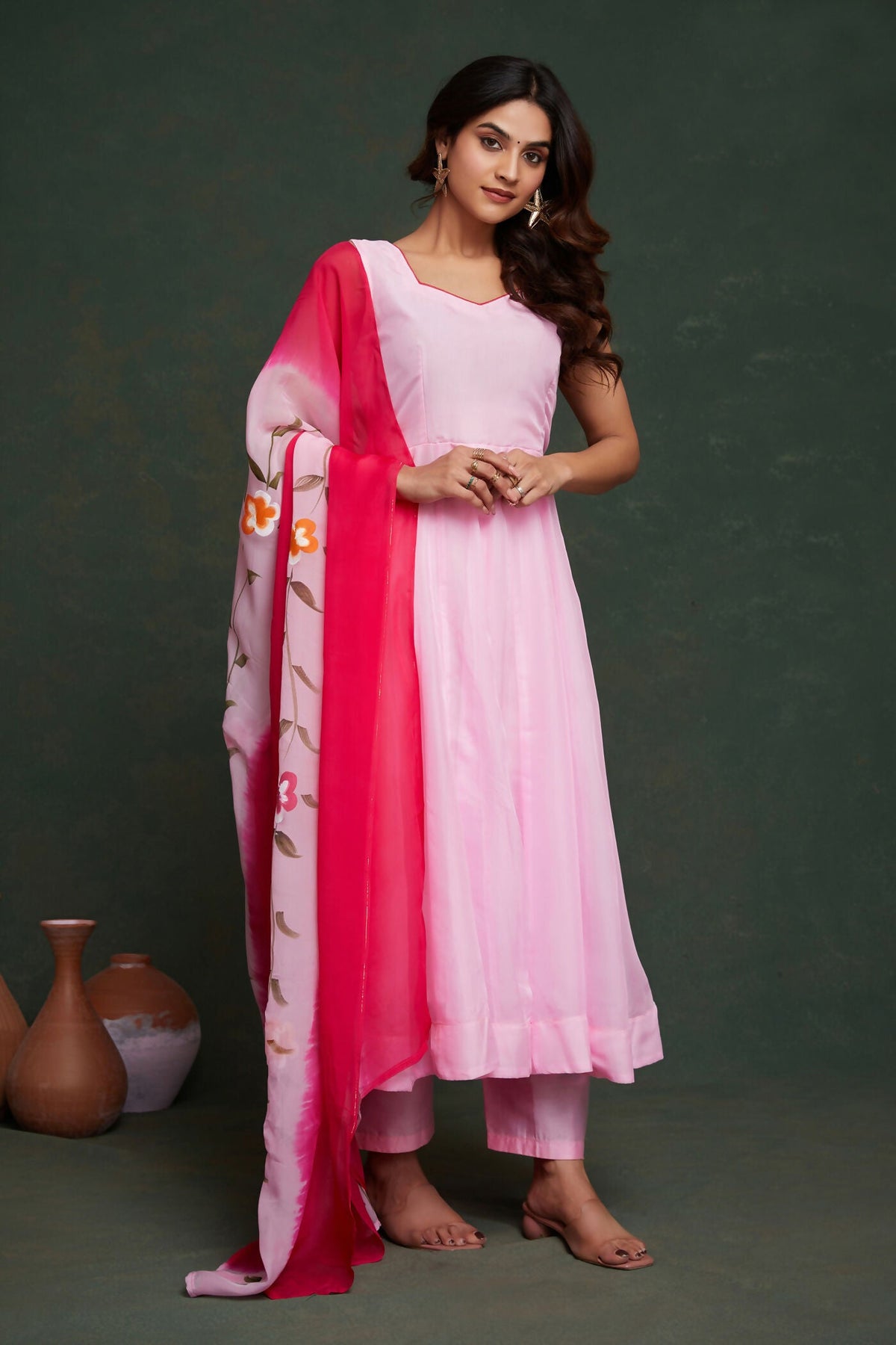 Aayaa Viscose Organza Dyeable Hand Painted Suit - Light Pink | Grocsy