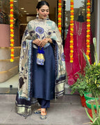 The52 Navy Blue Women's Beautiful Viscose Chanderi Fabric Embroidered Work Straight Kurta Pant and Dupatta Set | Grocsy