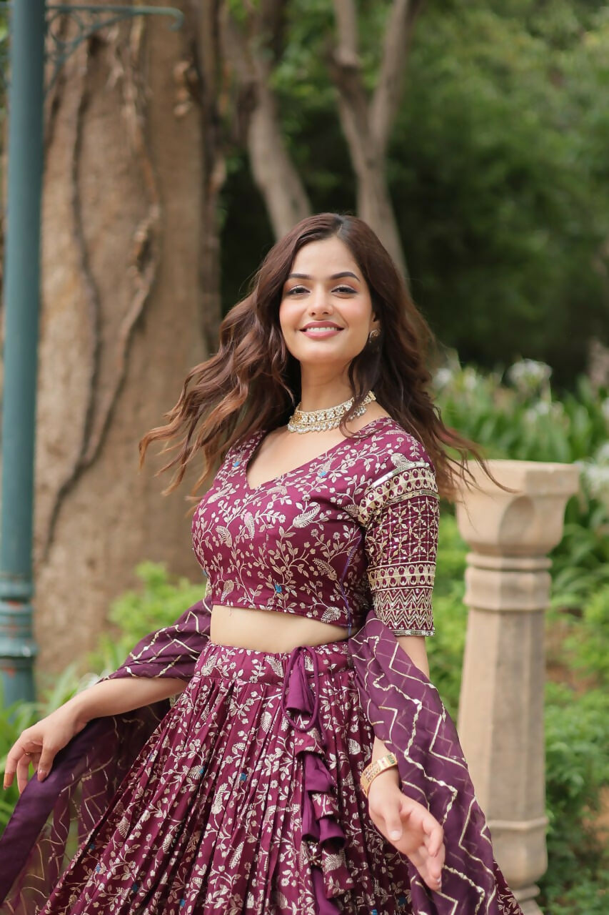 Lorenvalley Wine Pure Viscose Jacquard with Golden Embroidered Sequins work Lehenga Choli | Grocsy