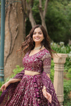 Lorenvalley Wine Pure Viscose Jacquard with Golden Embroidered Sequins work Lehenga Choli | Grocsy
