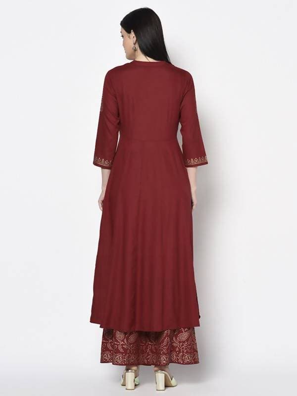 Aniyah Rayon Maroon Block Print Anarkali Palazzo Set (AN-212K) | Grocsy
