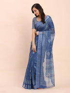 Shree Shyam Fashion Linen Cotton Indigo Blue Saree | Grocsy
