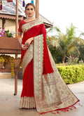 Red Banarasi Silk Woven Design Saree with Unstitched Blouse Piece - Aachal | Grocsy