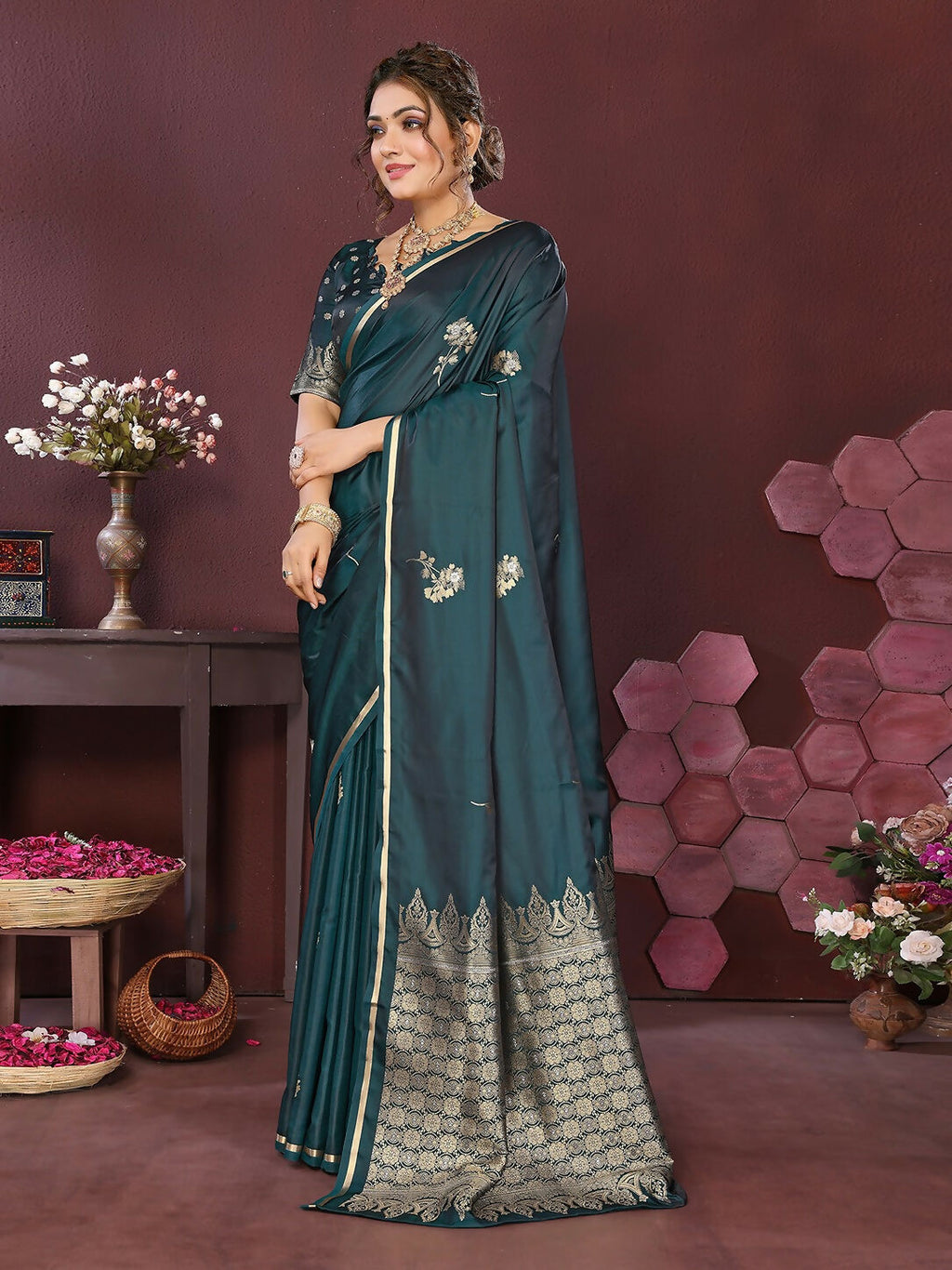Joban Fashion Teal Floral Banarasi Silk Sarees | Grocsy