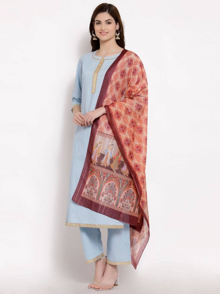 Myshka Women's Blue Cotton 3/4 Sleeve Round Neck Solid Casual Kurta Pant Dupatta Set | Grocsy
