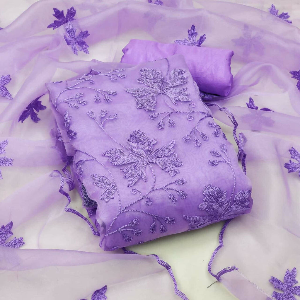 Lavender Heavy Organza Silk Embroidered Unstitched Dress Material - Amara | Grocsy