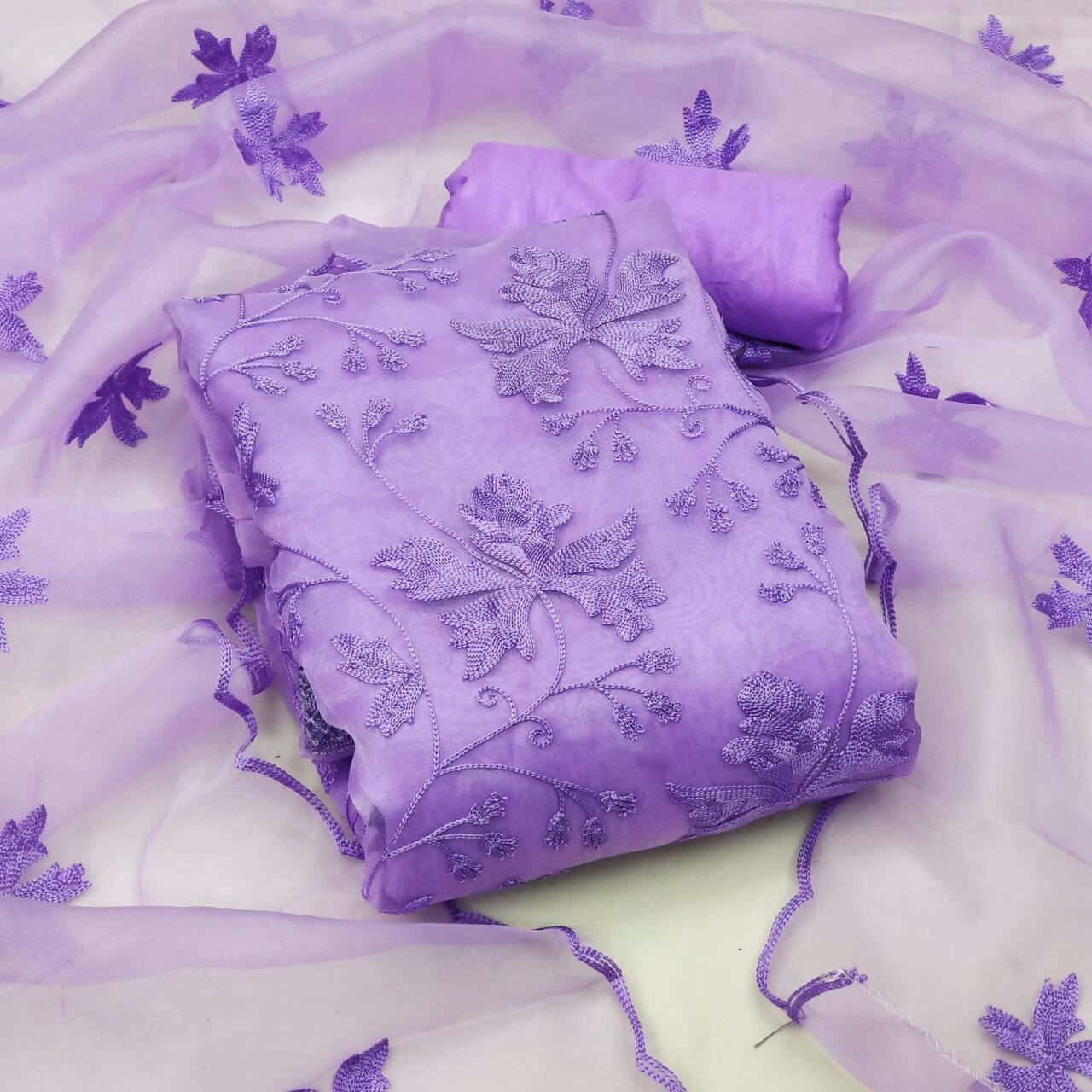 Lavender Heavy Organza Silk Embroidered Unstitched Dress Material - Amara | Grocsy