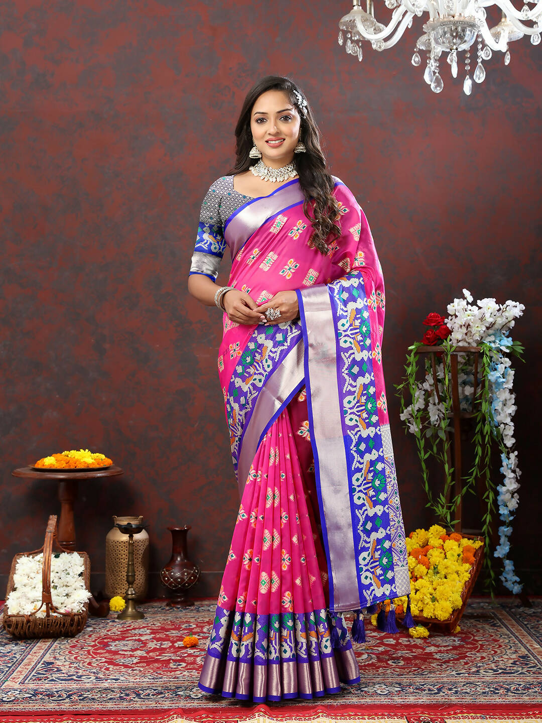 Lorenvalley Fashion Pink Organza Silk Woven Design with Meenakari Weaving Saree | Grocsy