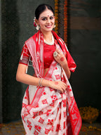 Shree Shyam Fashion Devistuti Red White Linen Cotton Saree | Grocsy