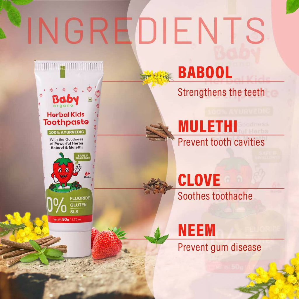 Babyorgano 100% Ayurvedic Herbal Kids Toothpaste - Strawberry Flavor | Grocsy
