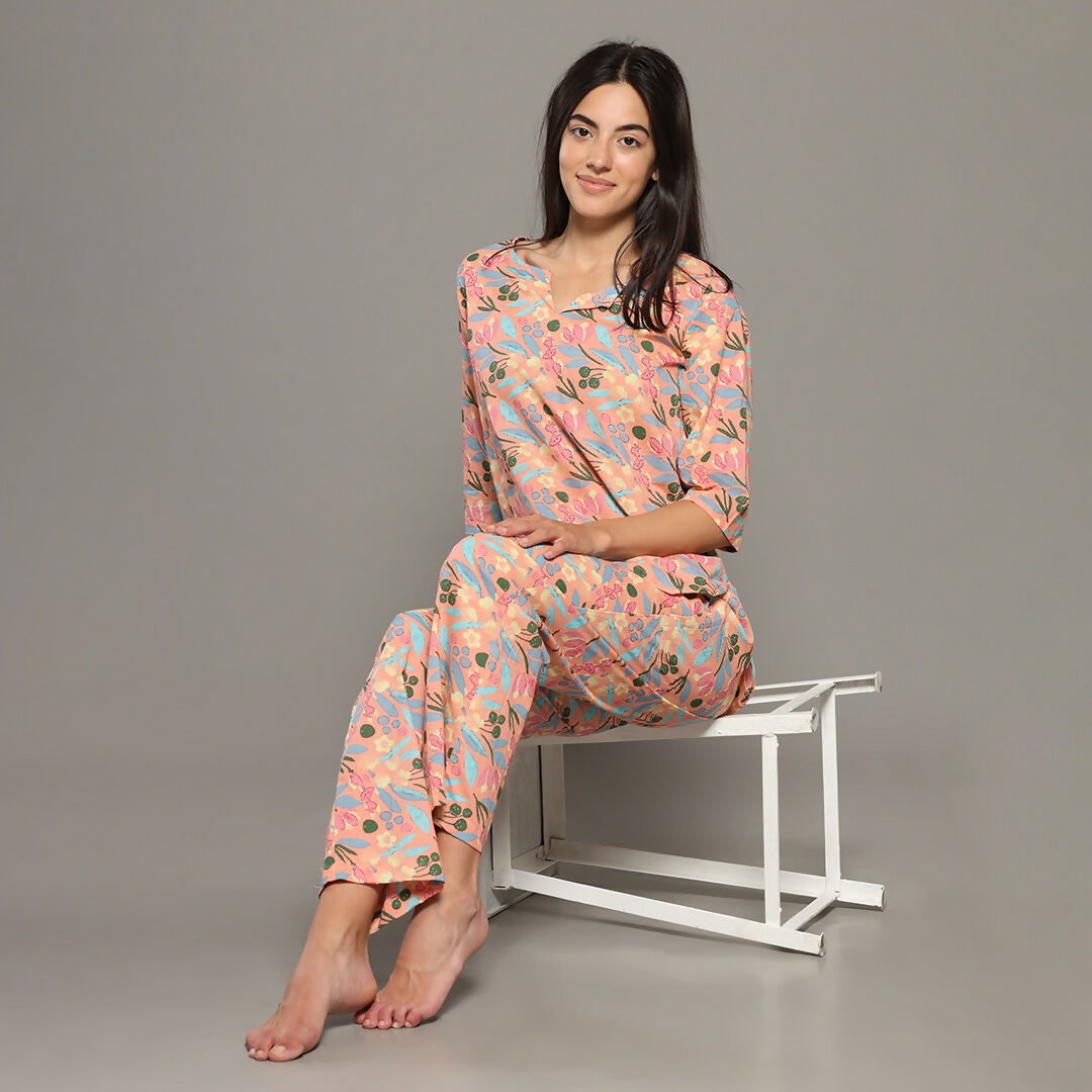 Breathables Women Cotton Printed Loungewear Kurta And Pants Co-Ord Set Peach I Night Wear | Floral Print | Grocsy