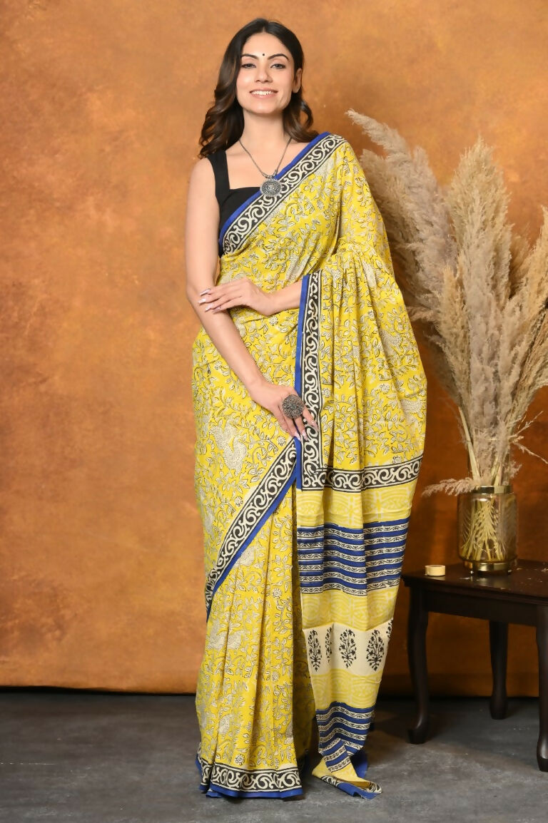 Very Much Indian Handblock Printed Cotton Saree With Natural Dyes - Green | Grocsy