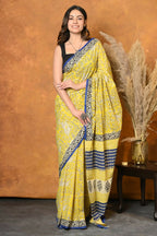 Very Much Indian Handblock Printed Cotton Saree With Natural Dyes - Green | Grocsy