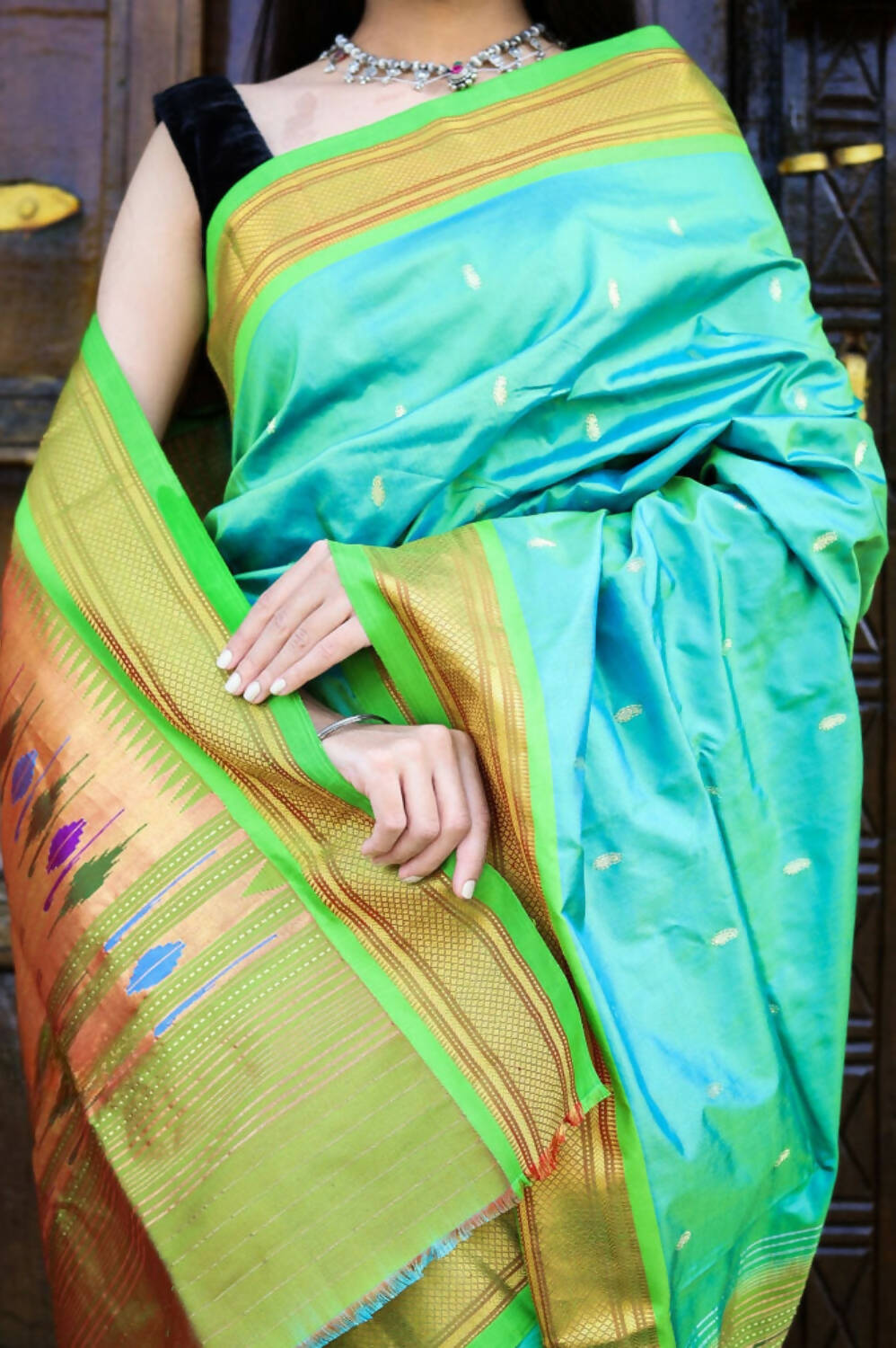 Very Much Indian Pure Silk Handloom Paithani -Dual Tone Blue Green | Grocsy