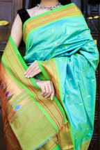 Very Much Indian Pure Silk Handloom Paithani -Dual Tone Blue Green | Grocsy