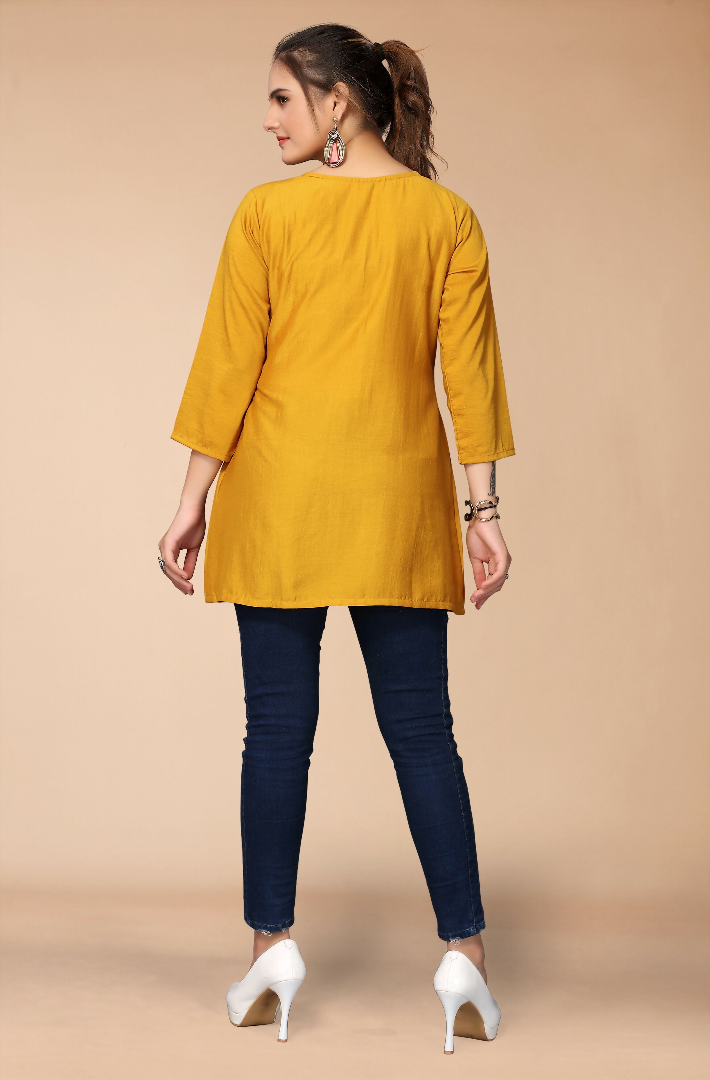 Women's Mustard Viscose blend Embroidered Short Top - Marina | Grocsy
