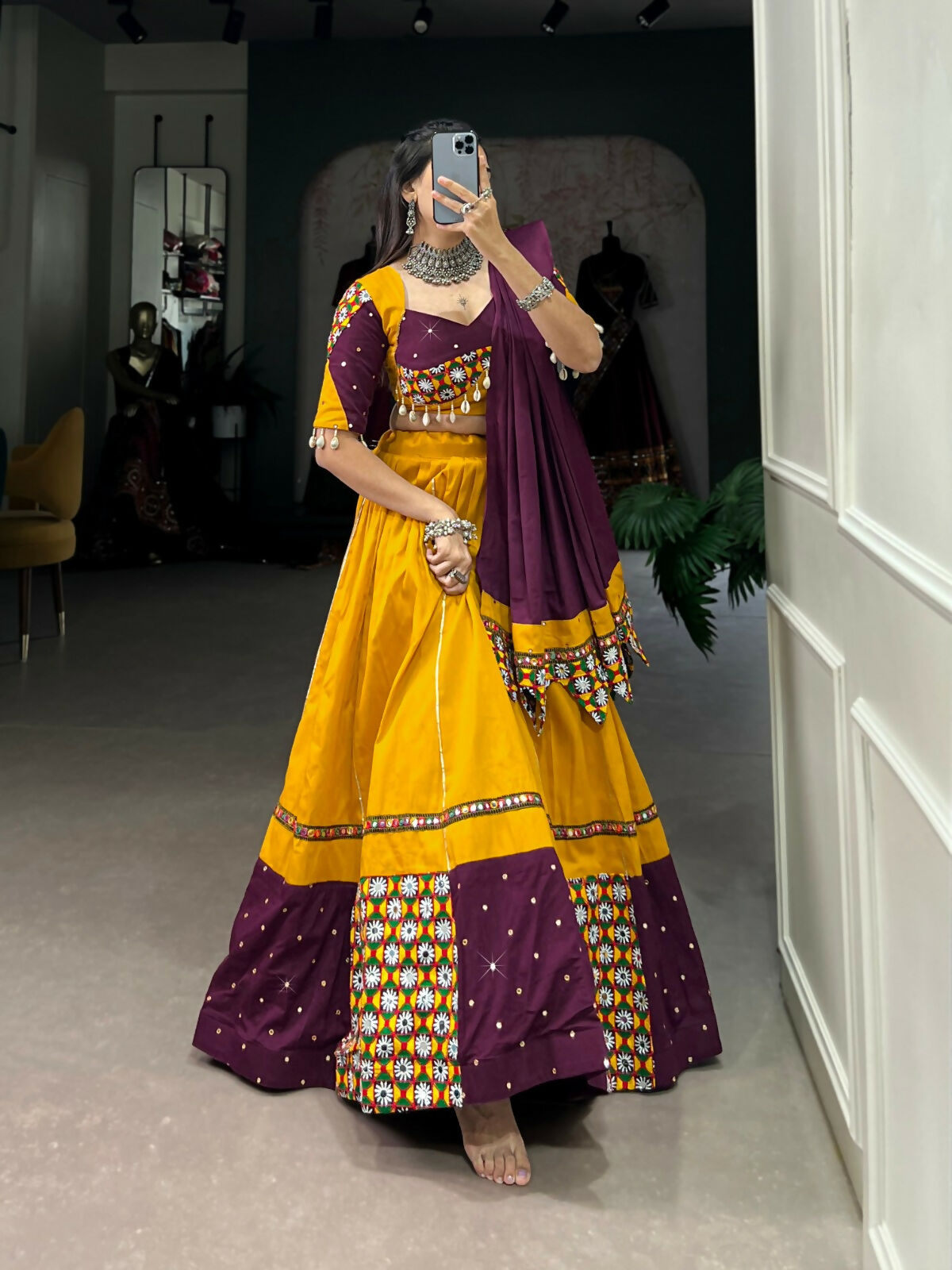 Vastranavya Navaratri Special Pure Cotton Paper Mirror Handwork With Gamthi Work With Gota Patti Touch Up Lehenga with Stitched Blouse - Mustard | Grocsy