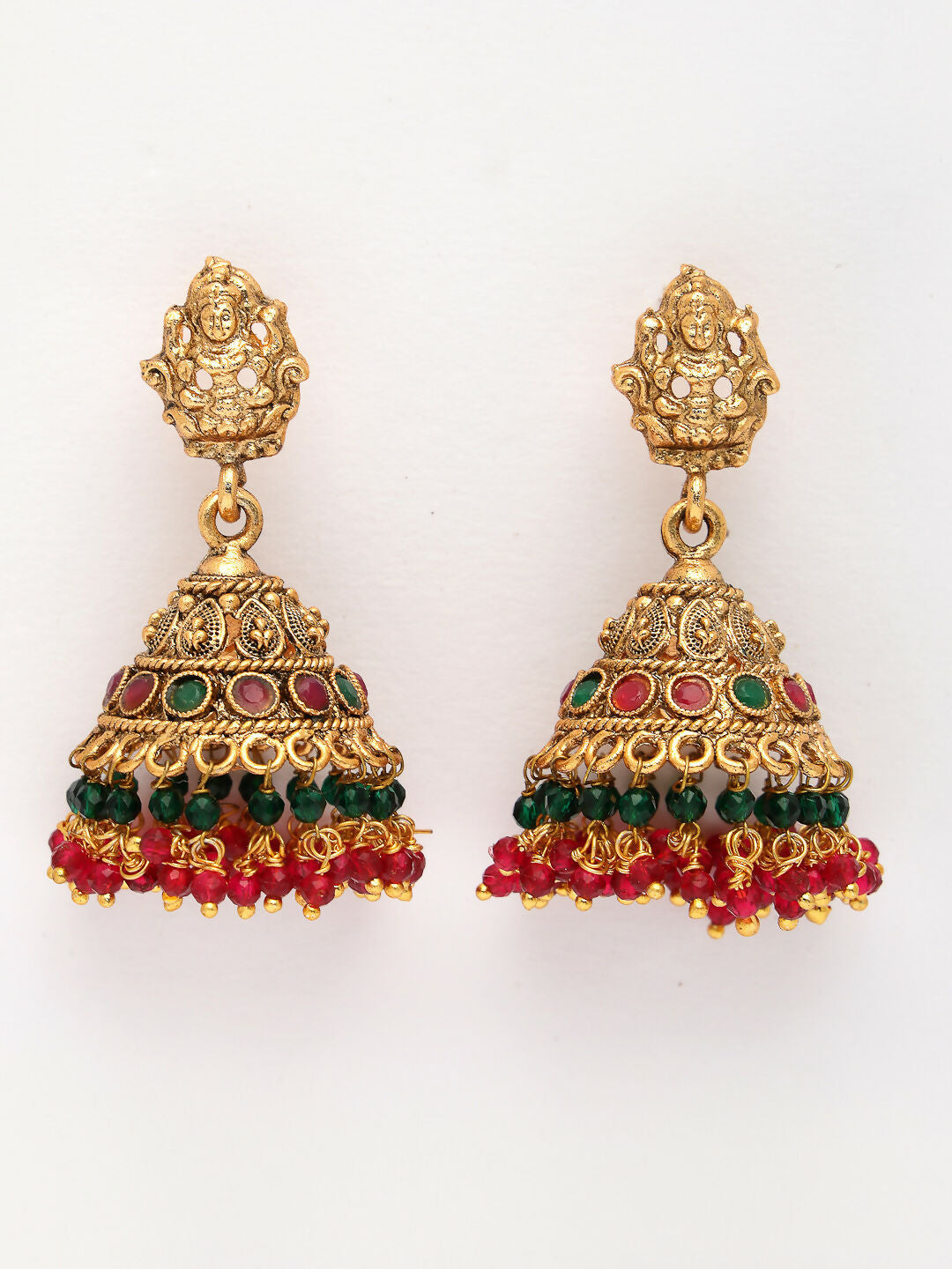 NVR Women's Set of 2 Gold-Polished Green & Red Stone Studded Lakshmi Design Temple Jewellery Set with Maangtikka | Grocsy