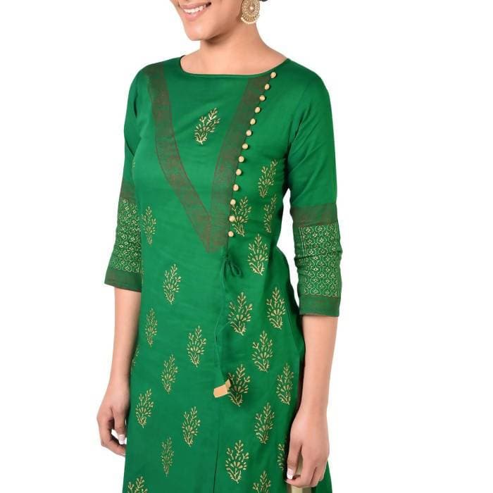 Aniyah Cotton Gold Print Straight Kurta In Green Color (AN-169K) | Grocsy