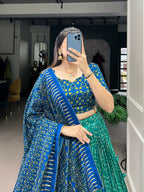 Vastranavya Bandhej And Ajarakh Print Tussar Silk Lehenga Choli - Green | Grocsy