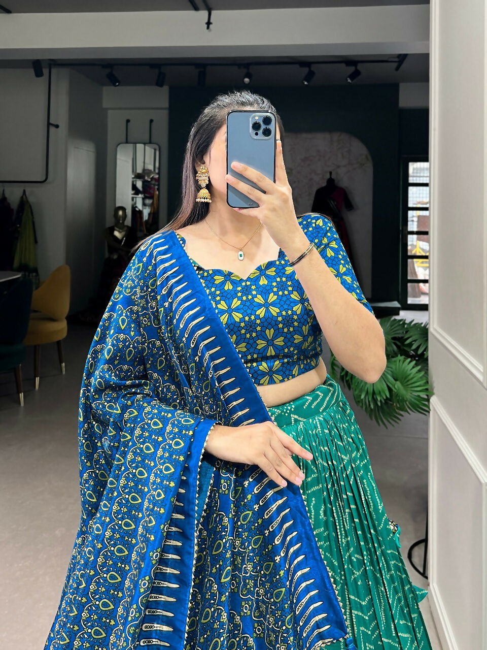 Vastranavya Bandhej And Ajarakh Print Tussar Silk Lehenga Choli - Green | Grocsy