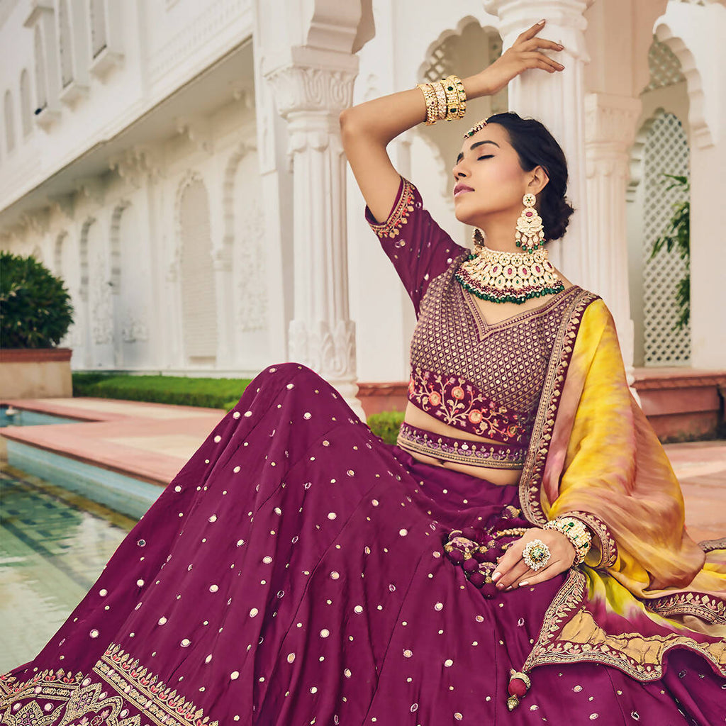 Wine Heavy Viscose Khatli, Embroidery & Mirror Work Unstitched Lehenga Choli - Sisha Keshav | Grocsy