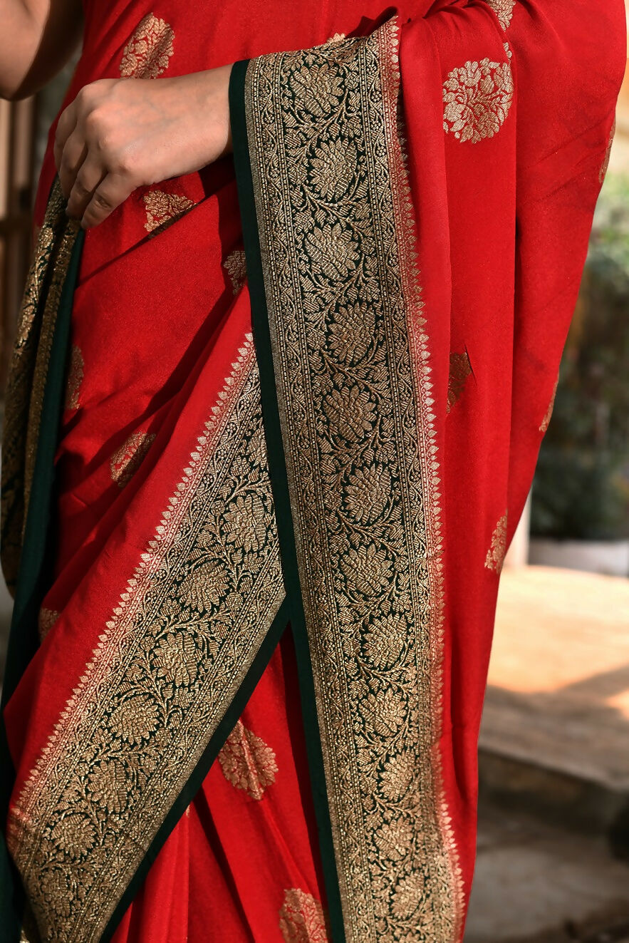 Joban Fashion Red Crepe Chiffon Pure Handloom Banarasi Silk Saree | Grocsy