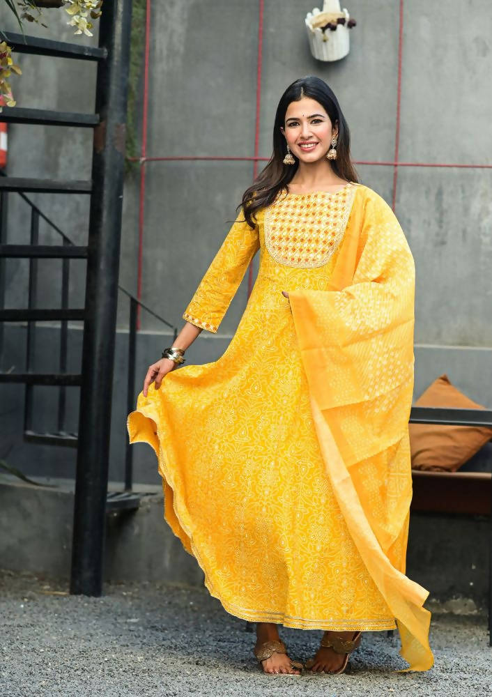 Yufta Women Mustard Handblock Printed Kurta with Trouser & Dupatta | Grocsy
