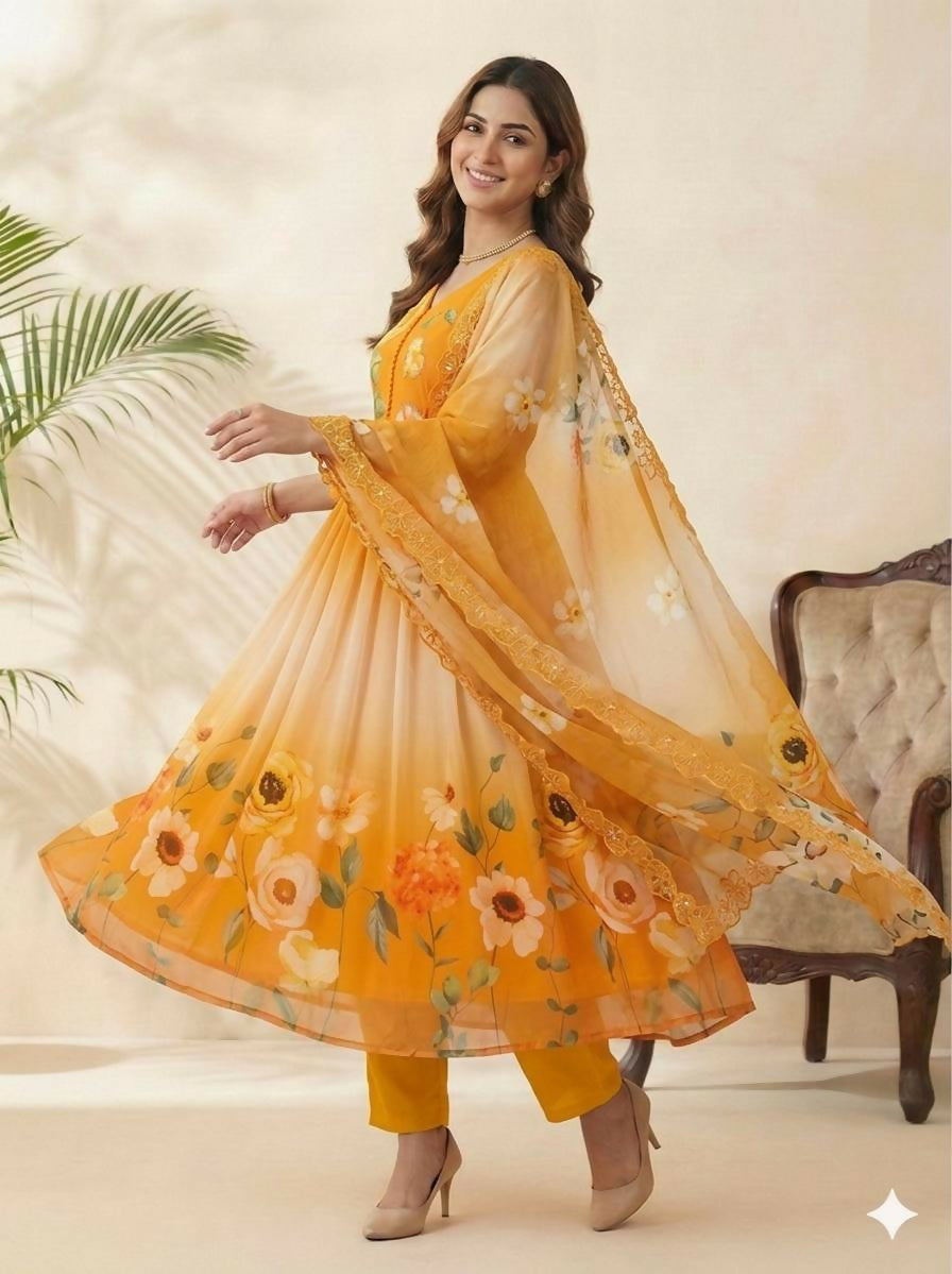 Teeya Creation Womens New Fancy Fox Georgette Heavy Quality Fabric With Handwork Yellow Gown Set | Grocsy
