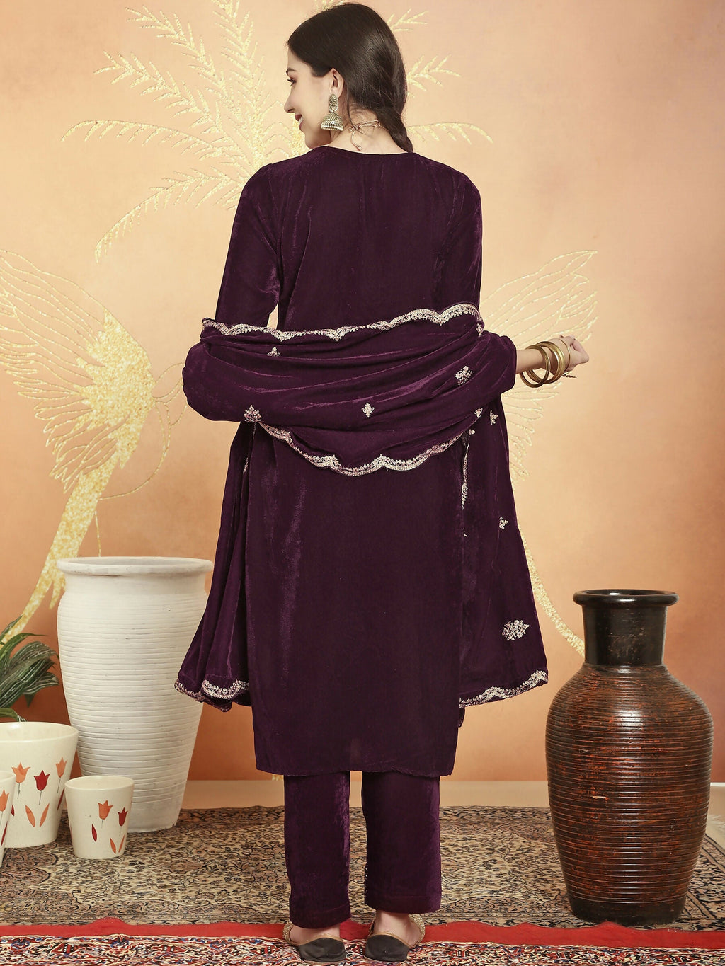 Jyoti Fashion Women's Wine Velvet Cording with Resham Thread & Sequin Kurta with Trouser & Dupatta | Grocsy