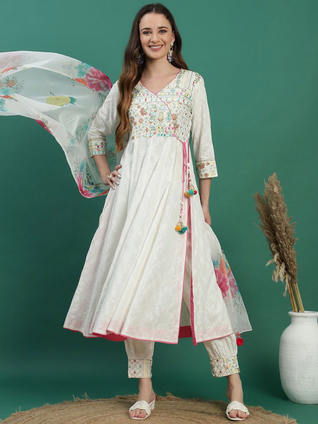 Sangria White Floral Embroidered Mirror Work Angarakha Kurta With Trousers & Dupatta | Grocsy