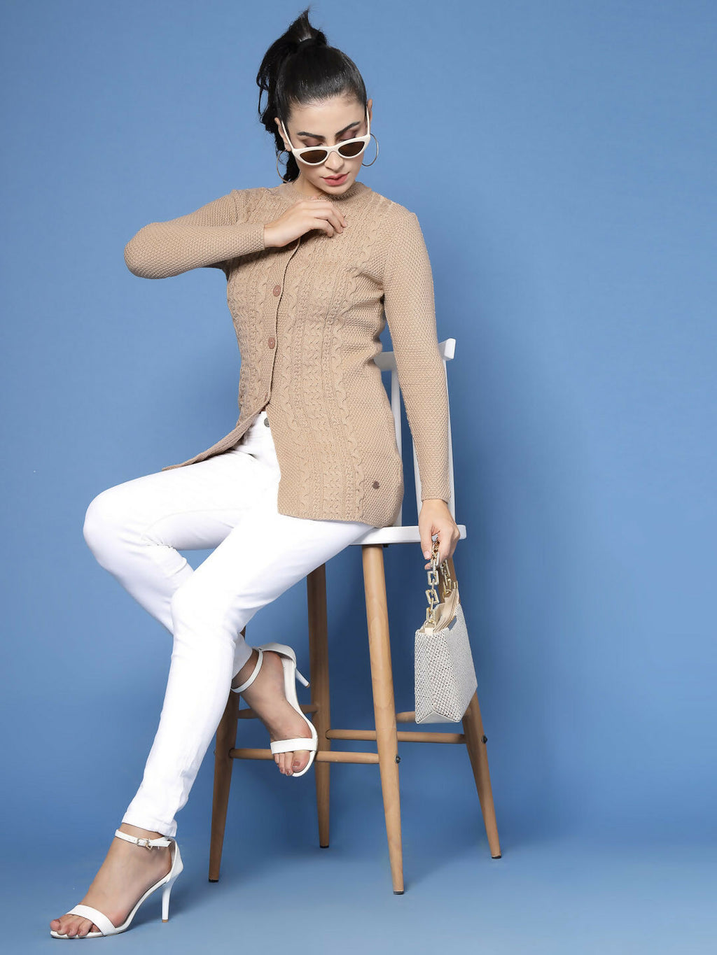 Women Self Design Camel Brown Acrylic Winter Cardigan - Wool Trees | Grocsy