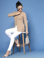 Women Self Design Camel Brown Acrylic Winter Cardigan - Wool Trees | Grocsy