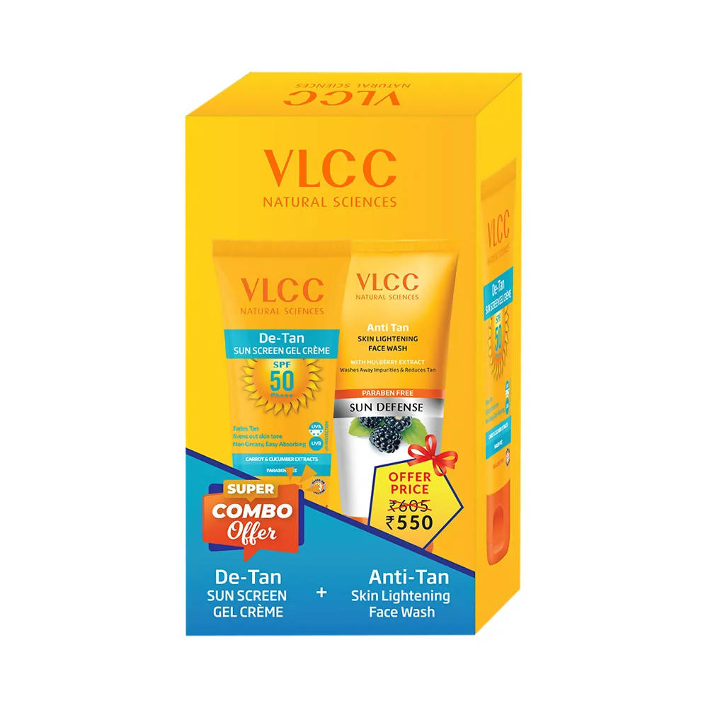 VLCC Anti Tan Face Wash & De Tan SPF 50 Sun Screen Gel Creme Combo | Grocsy
