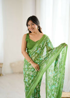 PR Fashion Green Bright Moss Satin Patta Printed Saree | Grocsy