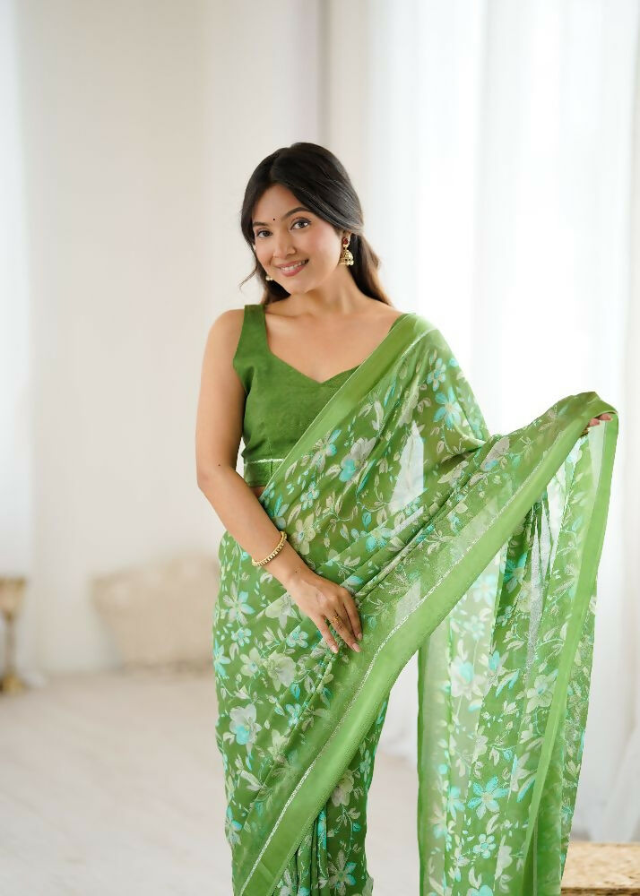 PR Fashion Green Bright Moss Satin Patta Printed Saree | Grocsy