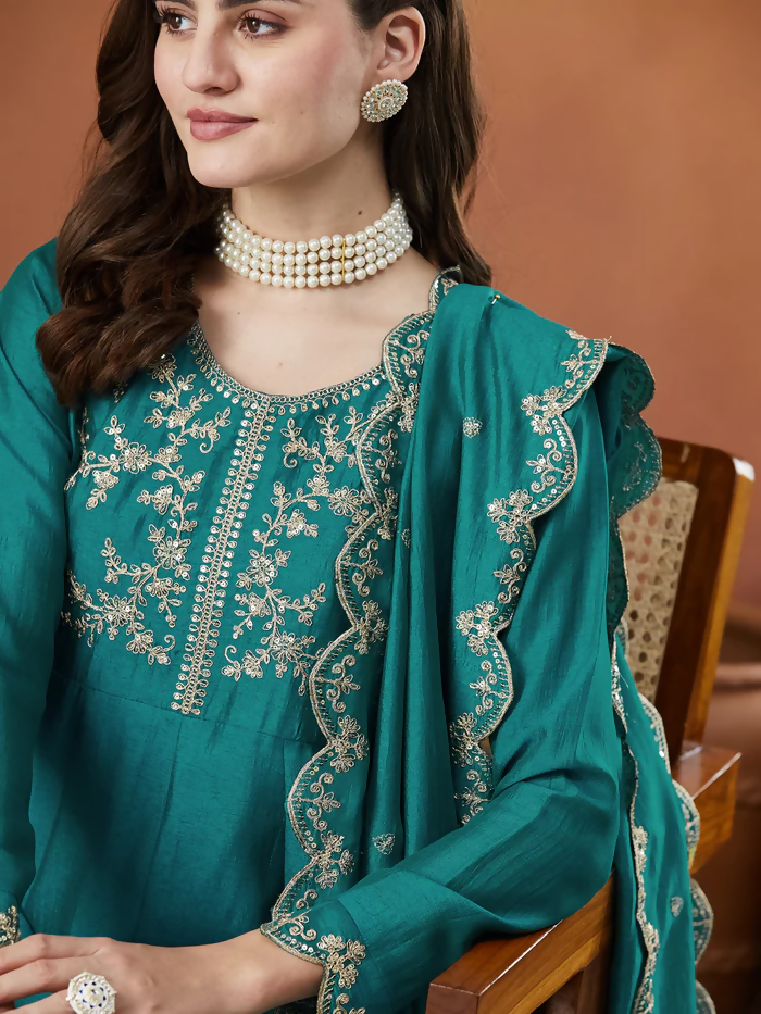 The52 Rama Women's Beautiful Vichitra Silk Fabric Embroidered Work Flared Anarkali Pant and Dupatta Set | Grocsy