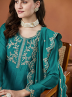 The52 Rama Women's Beautiful Vichitra Silk Fabric Embroidered Work Flared Anarkali Pant and Dupatta Set | Grocsy