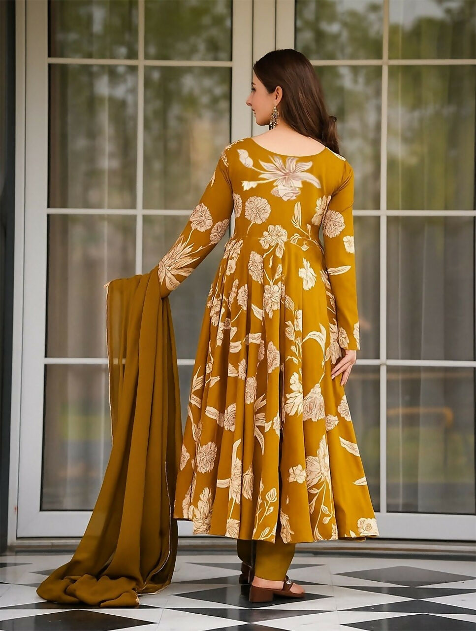 Teeya Creation Mustard Yellow Floral Printed Anarkali Kurta With Pant And Dupatta | Grocsy