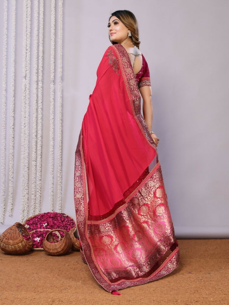 Pink Dual Tone Silk Georgette Thread Zari And Cord Embroidery Handwork Butta Saree - Norita Saumya | Grocsy