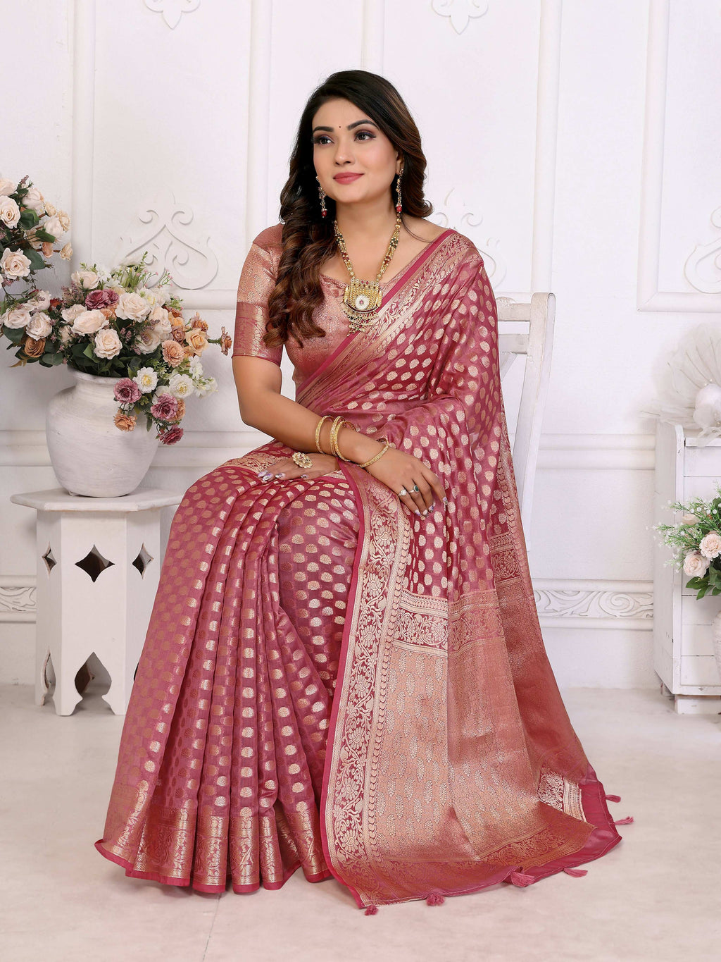 Aastha Fashion Light Pink Organza Silk Weaving Saree | Grocsy