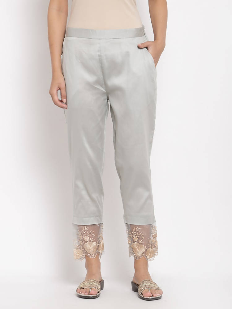 Myshka Women's Grey Cotton Solid Casual Trouser | Grocsy