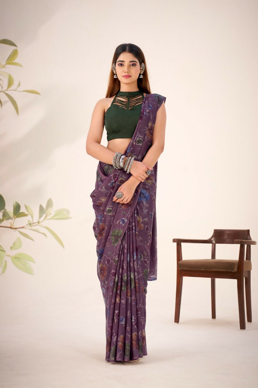 Vastranavya Wine Lurex Brasso Floral Printed Saree with Unstitched Blouse | Grocsy