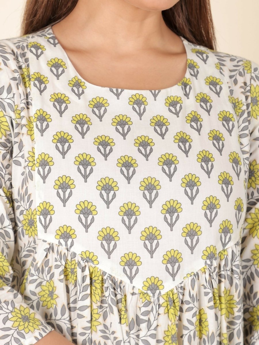 Aramya Yellow Soft Cotton Floral A-line Kurta for Women | Grocsy