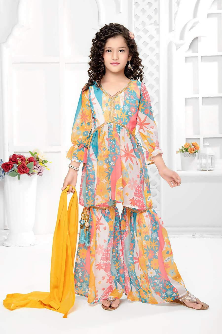 Kids Functional Designer Multi Digital Flower Print On Georgette Shrara Suit - Aaradhna | Grocsy