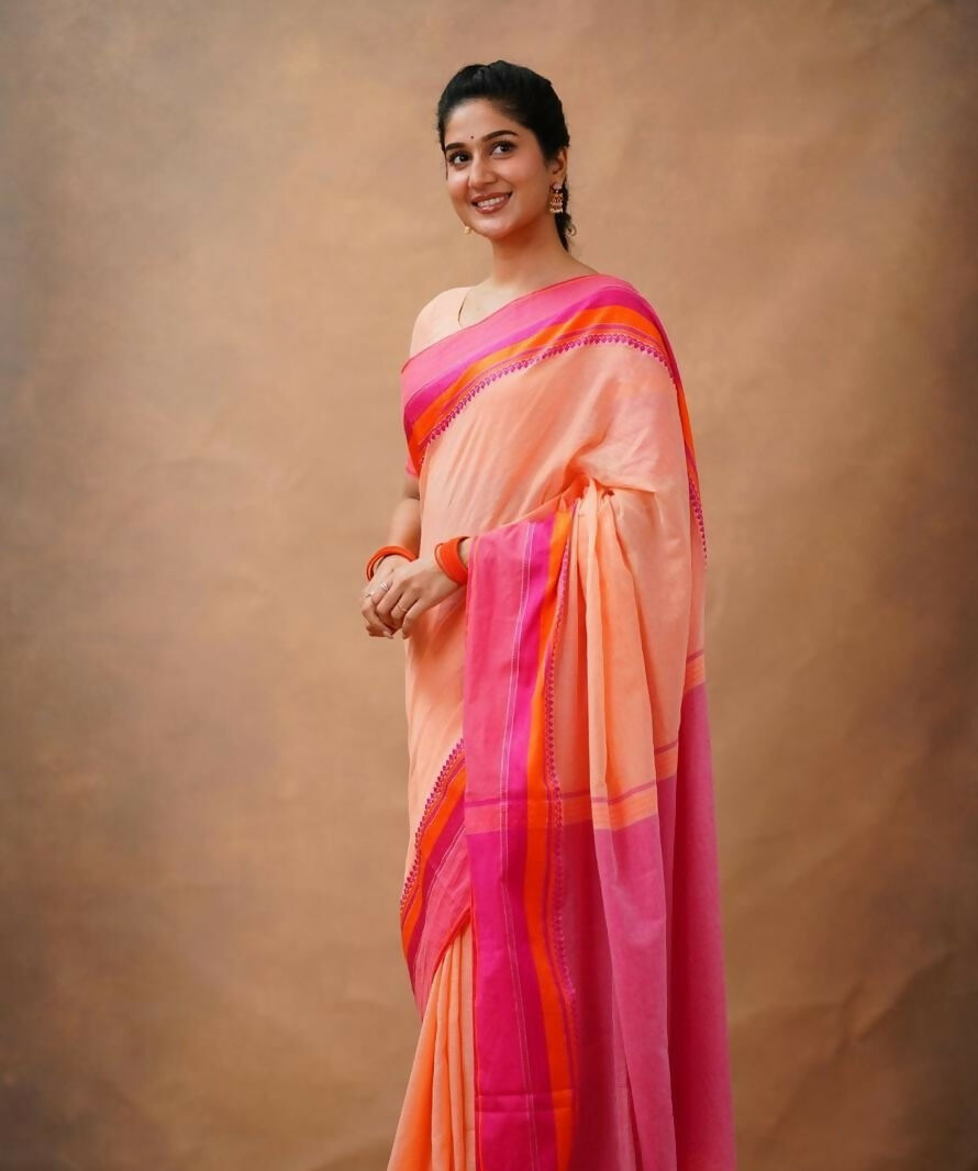 Exclusive Collection Light Orange Beautiful Khadi Cotton Handloom Saree | Grocsy