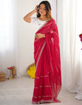 Joban Fashion Tissue Silk Red & Silver Embroidery Saree | Grocsy