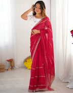Joban Fashion Tissue Silk Red & Silver Embroidery Saree | Grocsy
